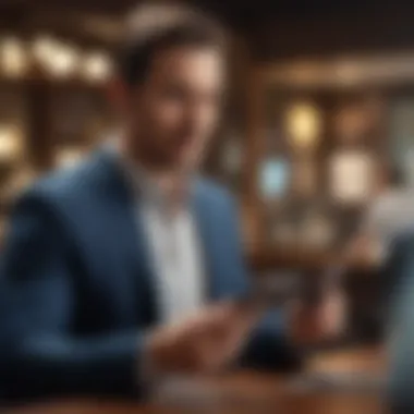 Investor Engaging with Trading App An investor engaging with a stock trading app on a smartphone while holding a credit card.