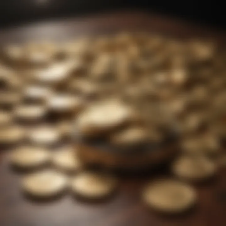 Various gold coins displayed on a table