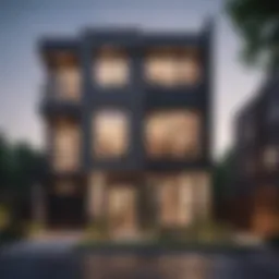 Exterior view of a modern townhouse showcasing its unique architecture