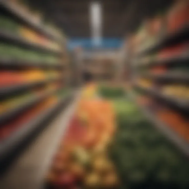 A bustling grocery store aisle showcasing fresh produce