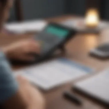 A person reviewing their credit report with a calculator and documents