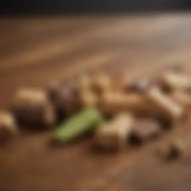 A variety of pet chew products displayed on a wooden surface