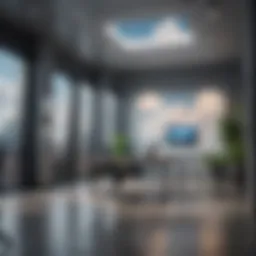 A sleek modern office with cloud technology visualizations