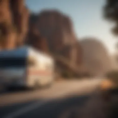 A scenic view of an RV on a road trip, symbolizing freedom and adventure