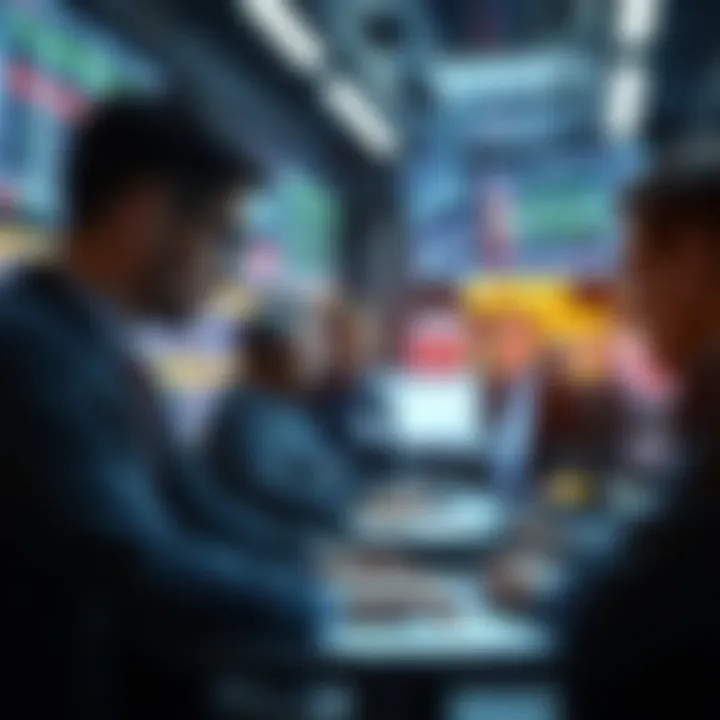 Collaboration in a Tech-Driven Environment A group of technology-driven stock brokers collaborating in a high-tech trading room.