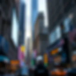 A bustling Wall Street scene showcasing the financial district of NYC with iconic skyscrapers.