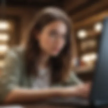 A young woman using a laptop to research investment opportunities.