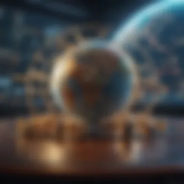 A globe surrounded by symbols of trade, finance, and global connectivity