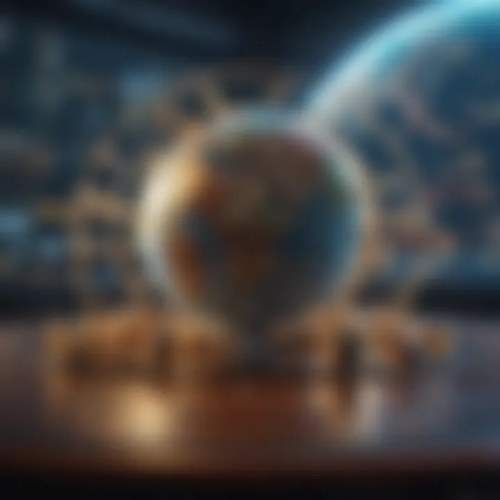 A globe surrounded by symbols of trade, finance, and global connectivity