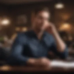 A small business owner contemplating financial decisions at a desk.