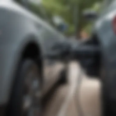 A close-up of an electric vehicle plugged into a charging station