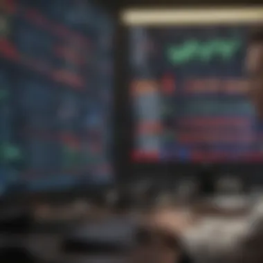 An analyst reviewing stock market trends with multiple screens showing tickers.