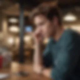 A young adult contemplating their phone plan options in a modern setting.