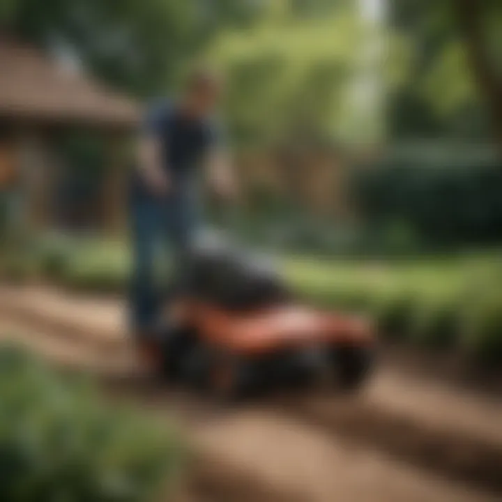 A user handling a tiller with ease in a well-maintained garden