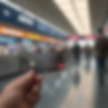 An engaging scene of a traveler using their Delta credit card at an airport.