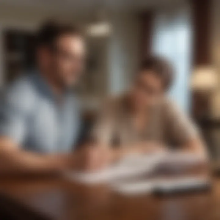 Couple reviewing joint life insurance policy documents at home